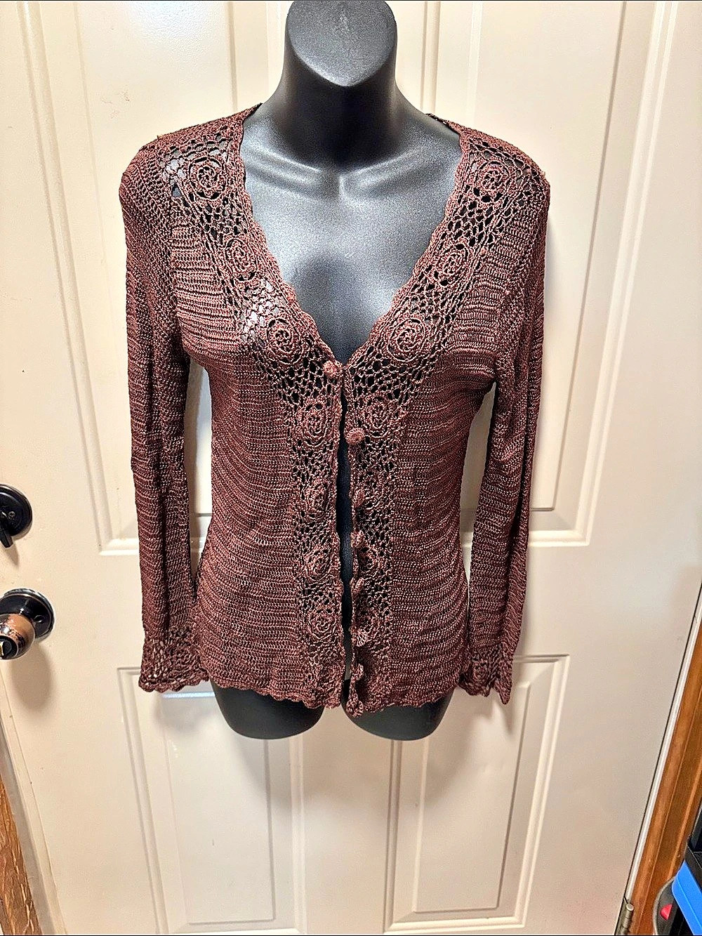 BCBGMAXAZRIA Crochet Cardigan in Brown Size Medium